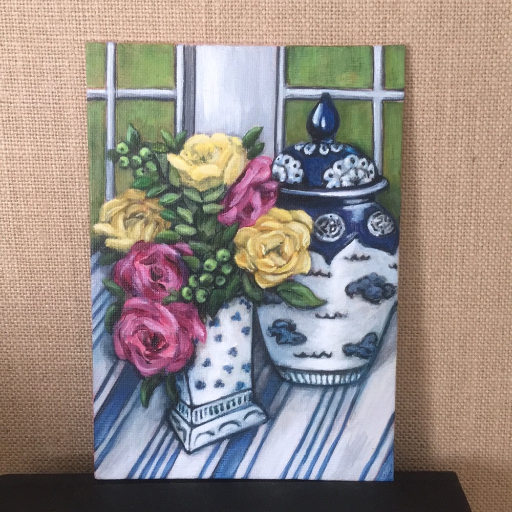 5x7 blue & white w/flowers/acrylic on canvasboard